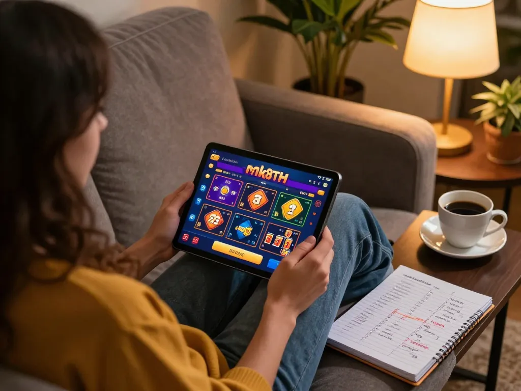 Engaging in online gaming with mk8th platform on tablet in cozy home environment.