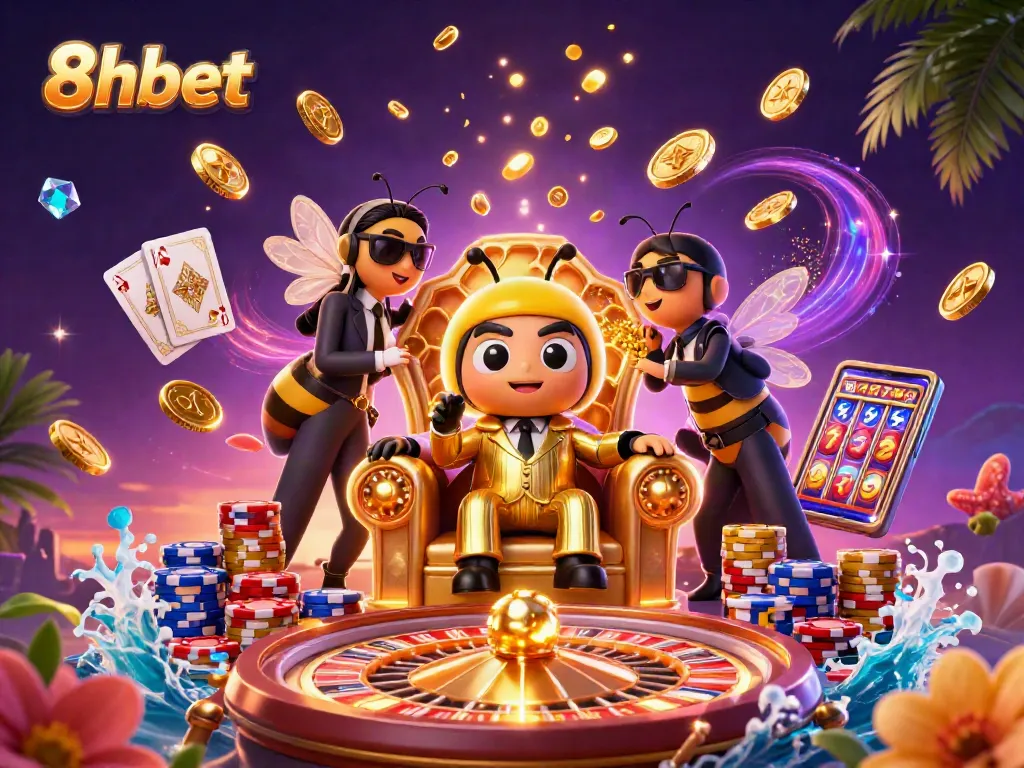 Experience the excitement of 8xbet with a vibrant 3D casino scene featuring a mob boss and game elements.