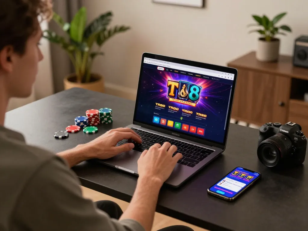 TR88 online gaming setup showcasing betting strategies on laptop with chips and smartphone