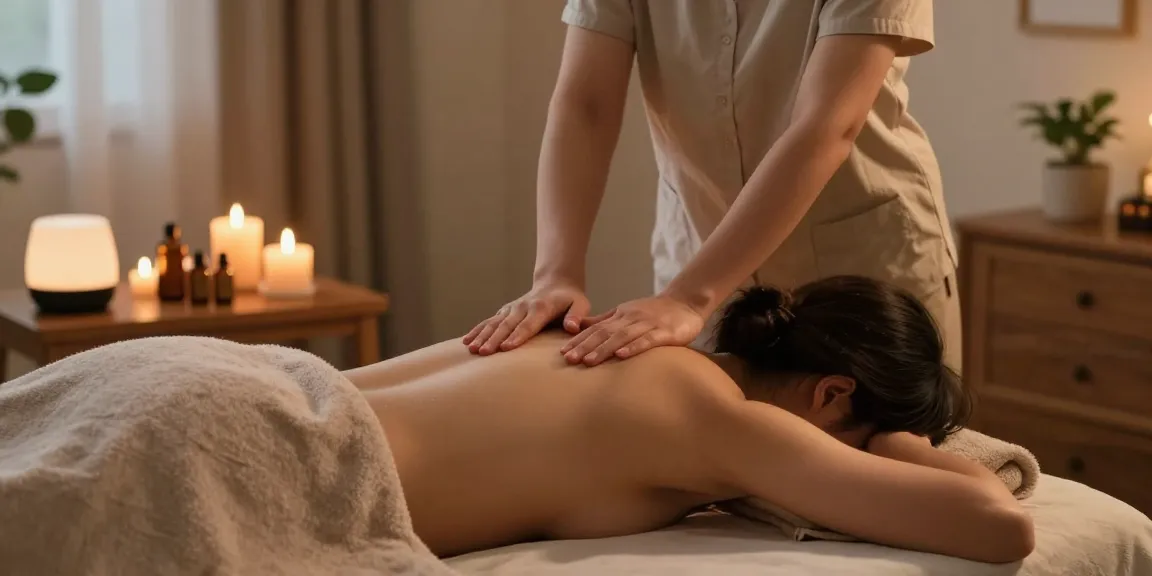 Relaxing 출장마사지 session at home with soothing atmosphere and warm lighting.
