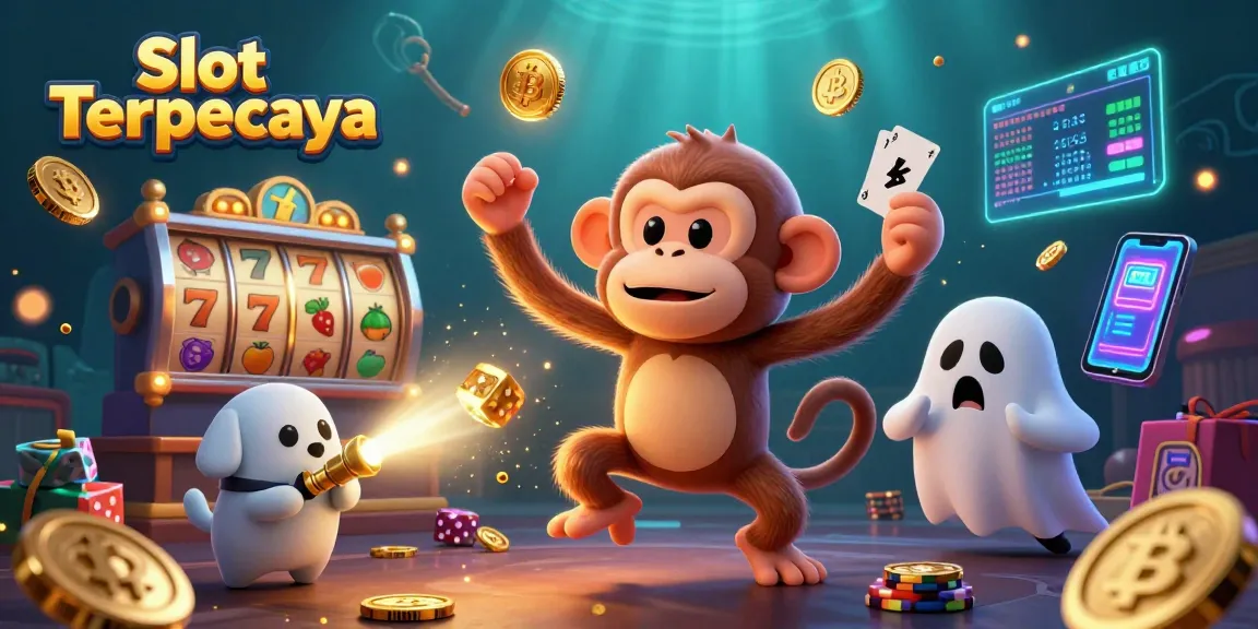 Engage with Slot Terpercaya in this vibrant scene of a playful monkey and curious puppy navigating a slot-filled casino.