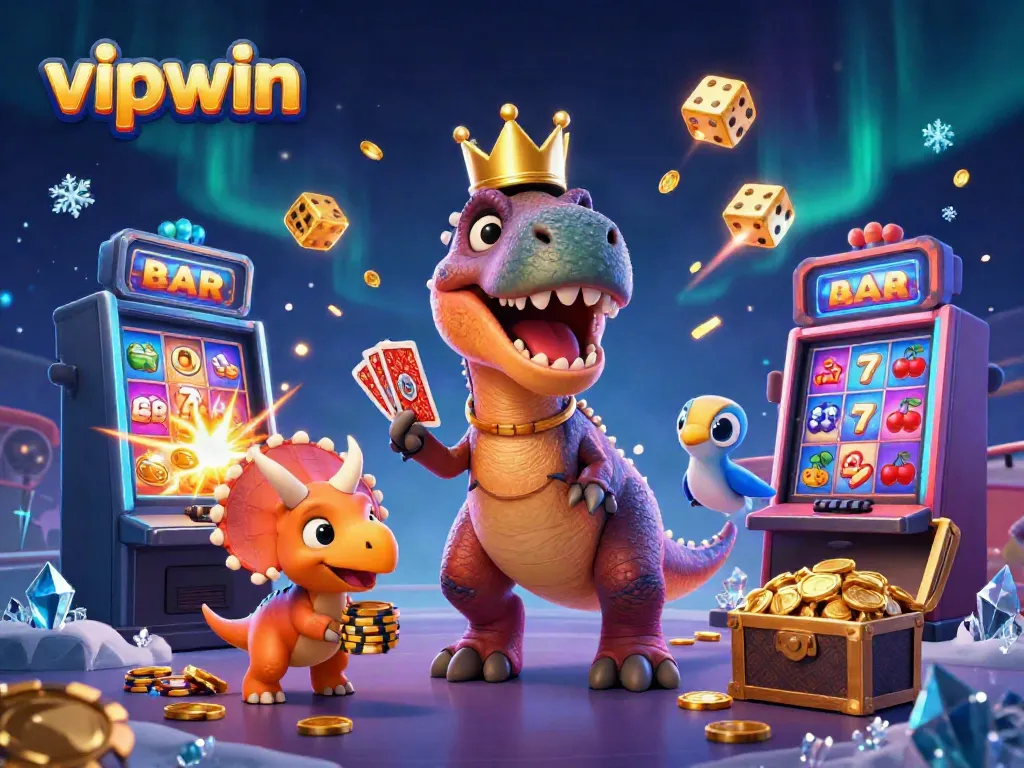 Engage with vipwin's vibrant online casino atmosphere featuring a T-Rex dealing cards, a pterodactyl assisting, and a triceratops stacking chips amidst a jackpot explosion.