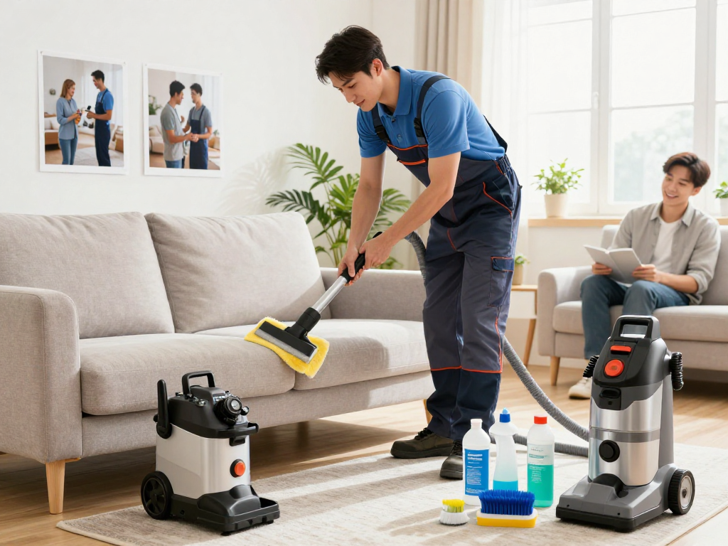 Pranie tapicerki przez Panda Cleaner w jasnym wnętrzu, technik używający sprzętu do czyszczenia.