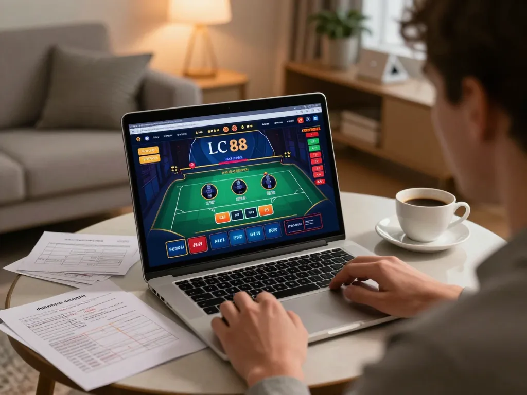 Experience the excitement of LC 88 gaming with an online casino setup in a cozy home.
