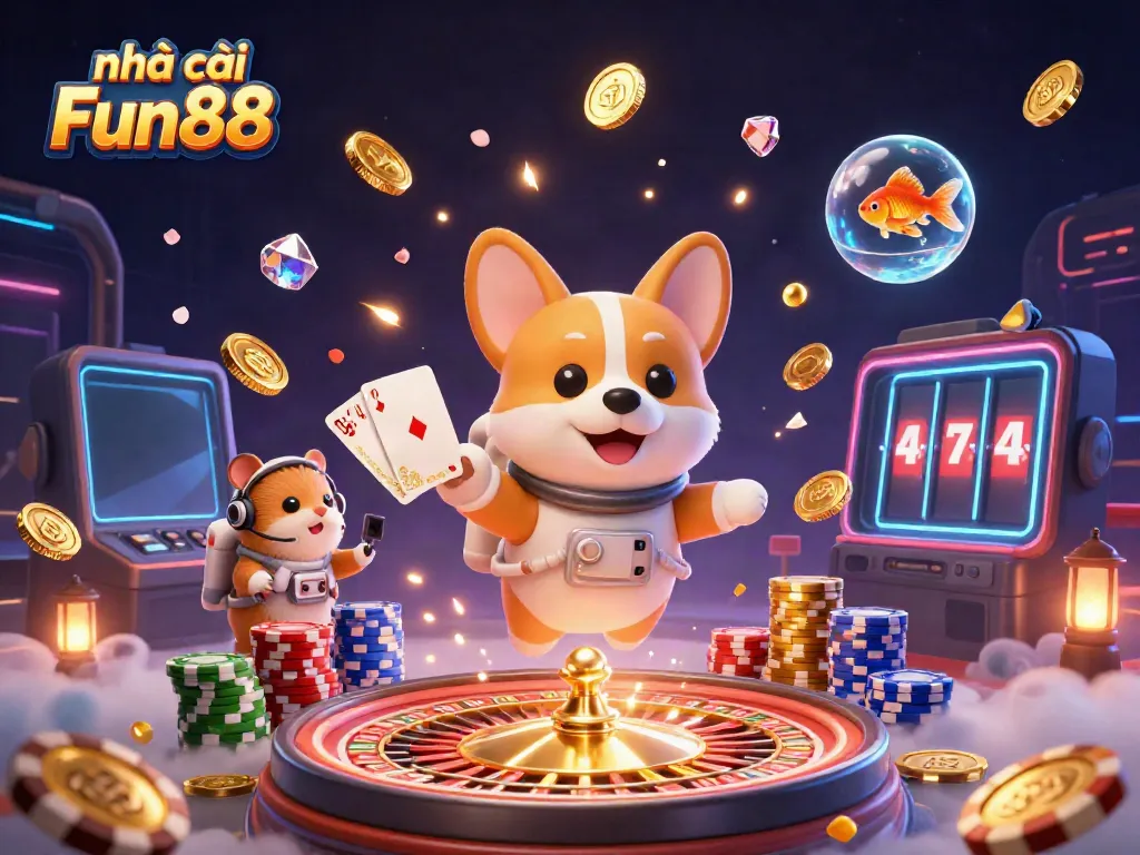 Experience thrilling action at nhà cái Fun88 with a vibrant casino scene featuring animated characters in a cosmic environment.