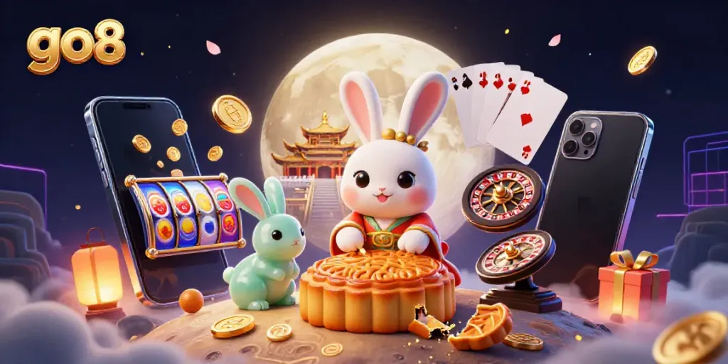 Experience thrilling gameplay as the go8 moon rabbit unveils poker chips from mooncakes in a rich casino scene.