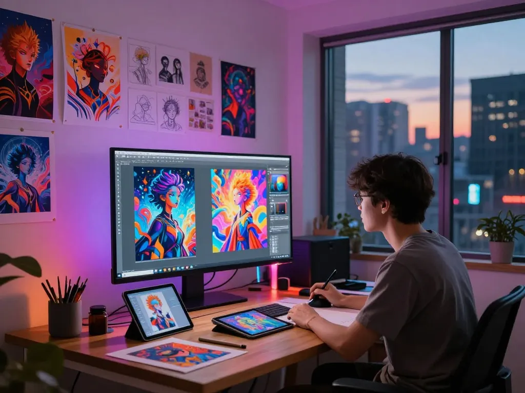 Creative digital artist showcasing AI porn artwork in an inspiring studio environment.