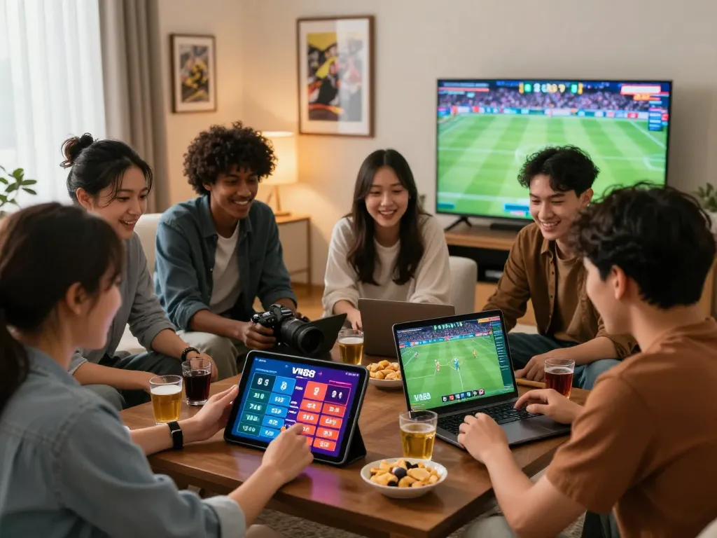 Friends enjoying an exciting gaming experience on VN88's platform, placing bets on sports in a lively living room atmosphere.