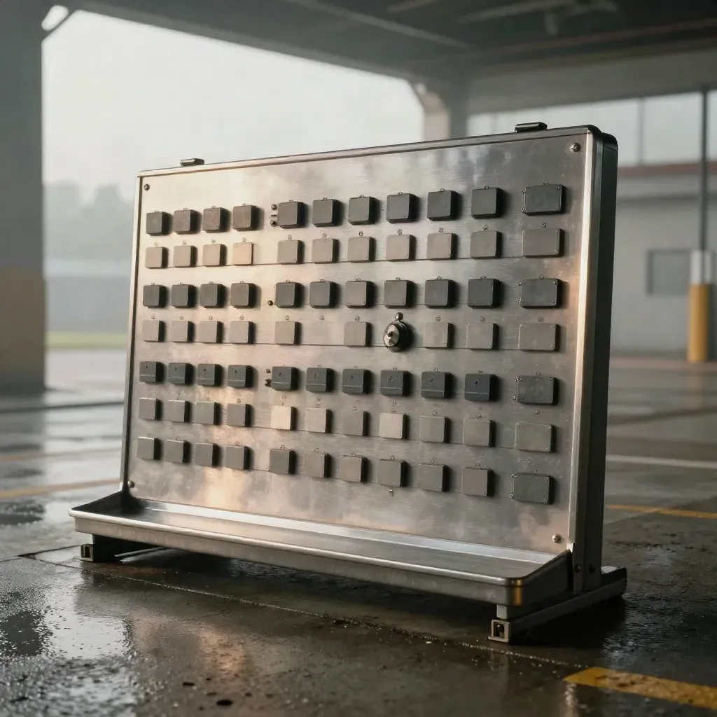 Brushed-aluminum takt board, blank tabs, steel trays, timing wheel in misty loading bay dawn.
