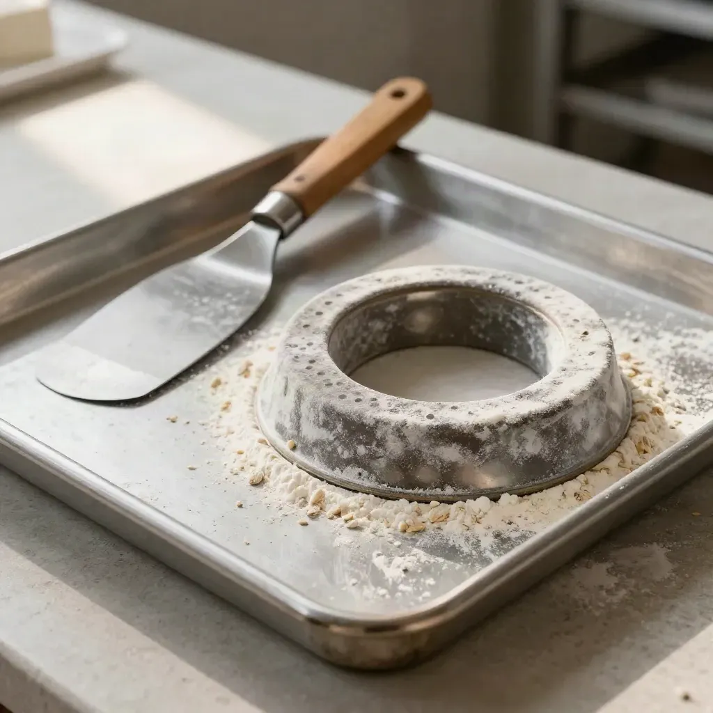 Stainless bakery trays, a dough scraper, and a flour-dusted proof ring on stone.