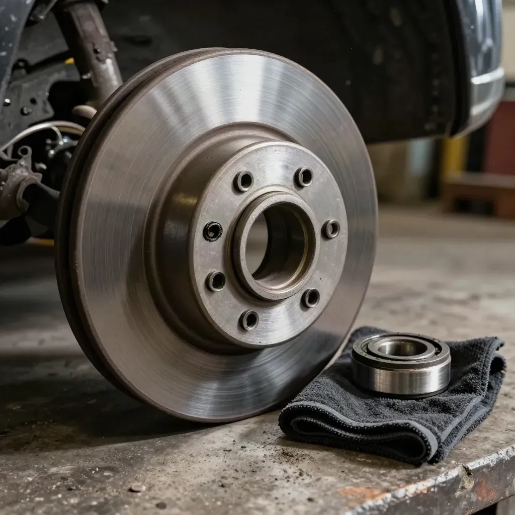 Brake disc, hub bearing, and grease-darkened rag on a concrete workbench in dramatic light.