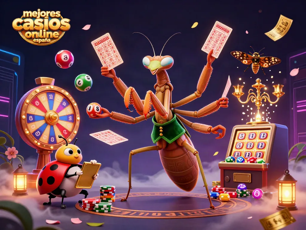 Ilustración de un enorme mantis religioso repartiendo cartas en los mejores casinos online España, rodeado de bolas de lotería coloridas.