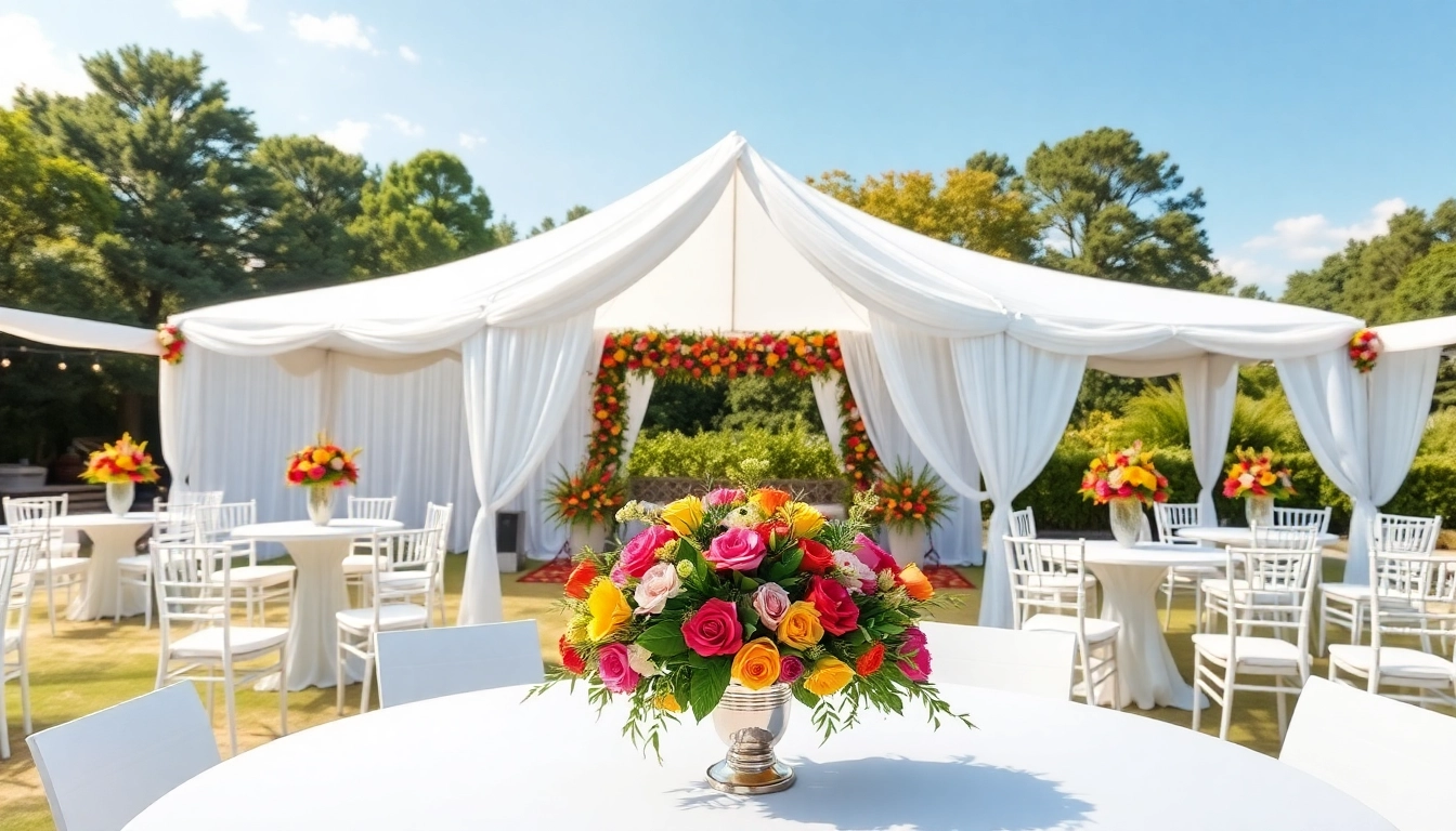 Showcase vibrant Wedding Tent Chair & Table Rentals with elegant decor under a sunny sky.