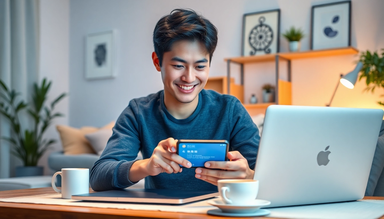 快连官网 app interface displayed on a mobile device in a cozy setting, showcasing seamless connectivity.