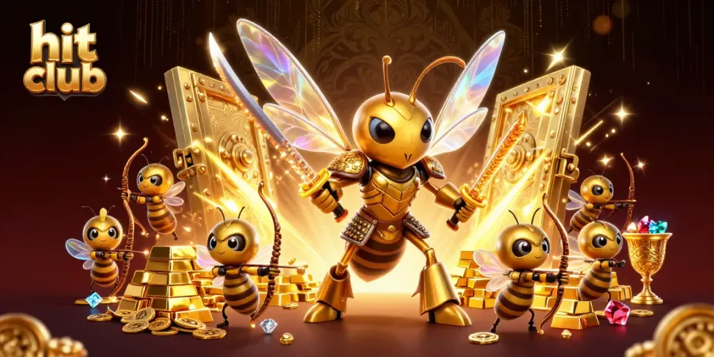 Experience high-stakes gaming at hit club with a vibrant scene of golden treasures and a hero hornet in action.