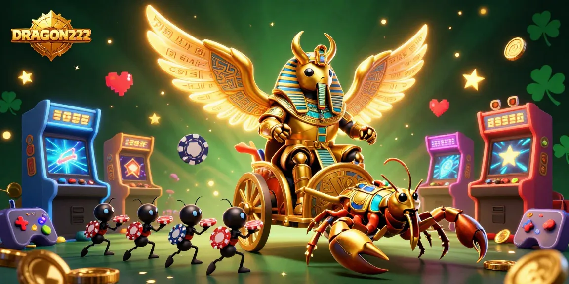 Experience the thrill of DRAGON222 with an action-packed casino scene featuring a pharaoh's chariot and poker chip soldiers.