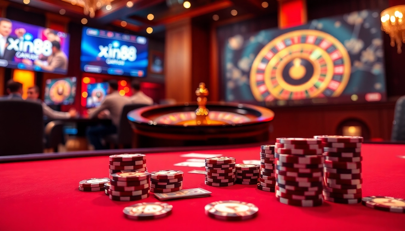 Action-packed poker game at xin88 with vibrant chips and cards on the table.