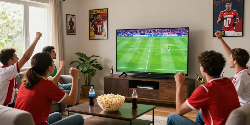 Fans cheering in front of HD TV during a live match on https://cakhiatv.team/ highlighting excitement and community.