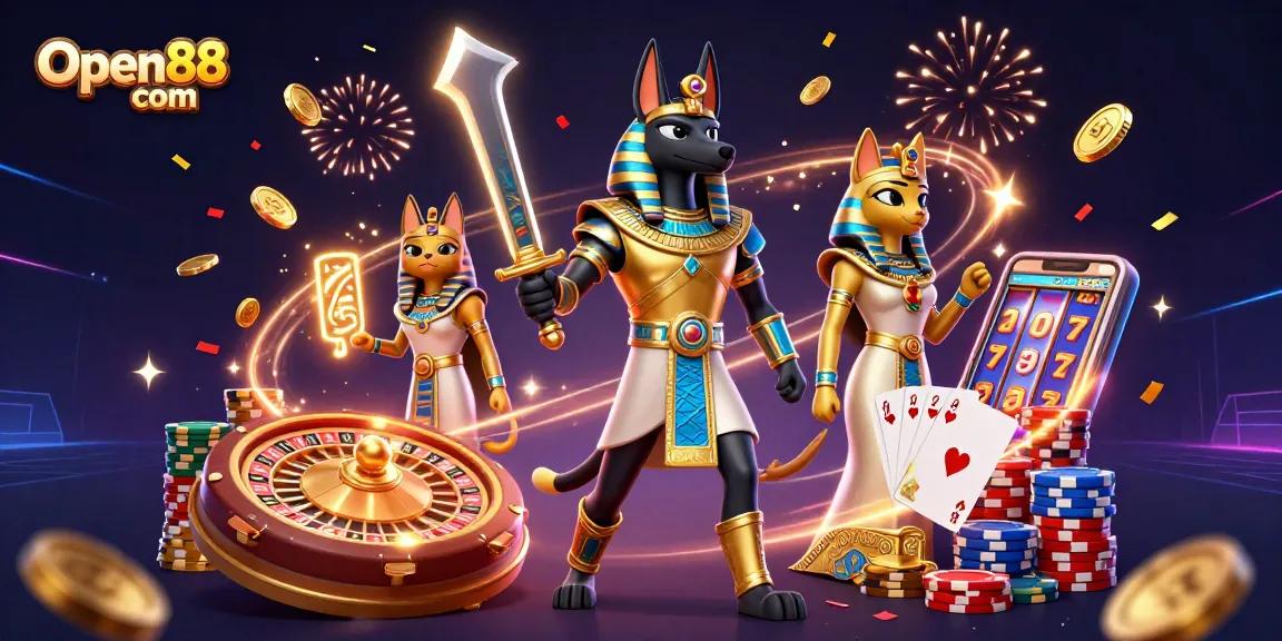 Engage in the thrilling games at Open88 com with Anubis and Bastet amidst a vibrant casino scene.
