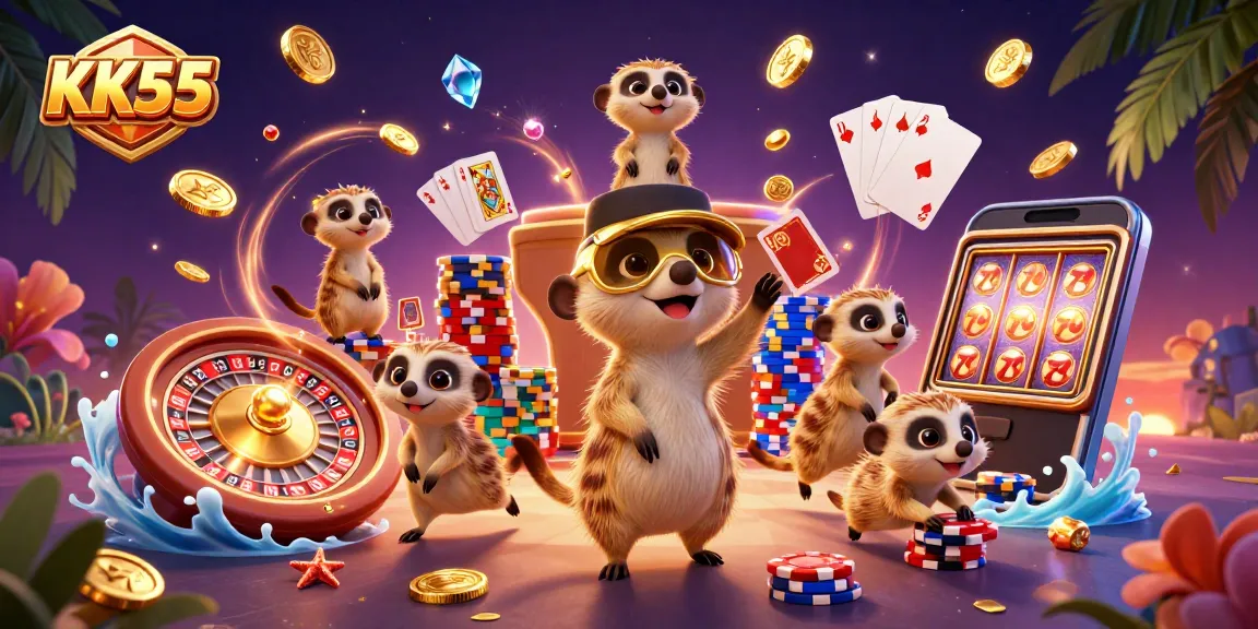 Experience the vibrant world of KK55 with dynamic meerkats running a lively casino scene.