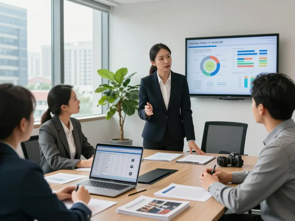 Stratégies de gestion de propriétés en action, mettant en vedette un gestionnaire de propriétés discutant des détails avec des clients, présentant visuellement la gestion de propriétés.