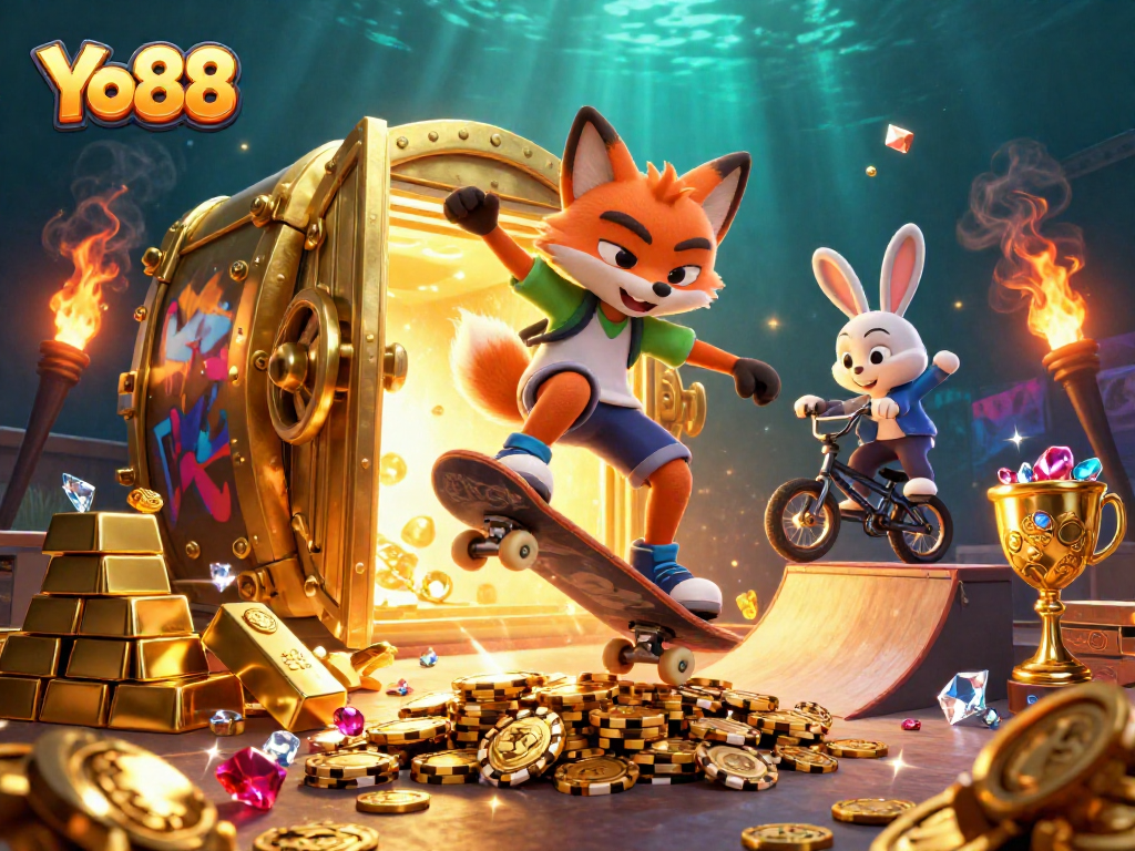 Yo88 casino adventure scene with a skateboard fox and BMX rabbit on golden chips.