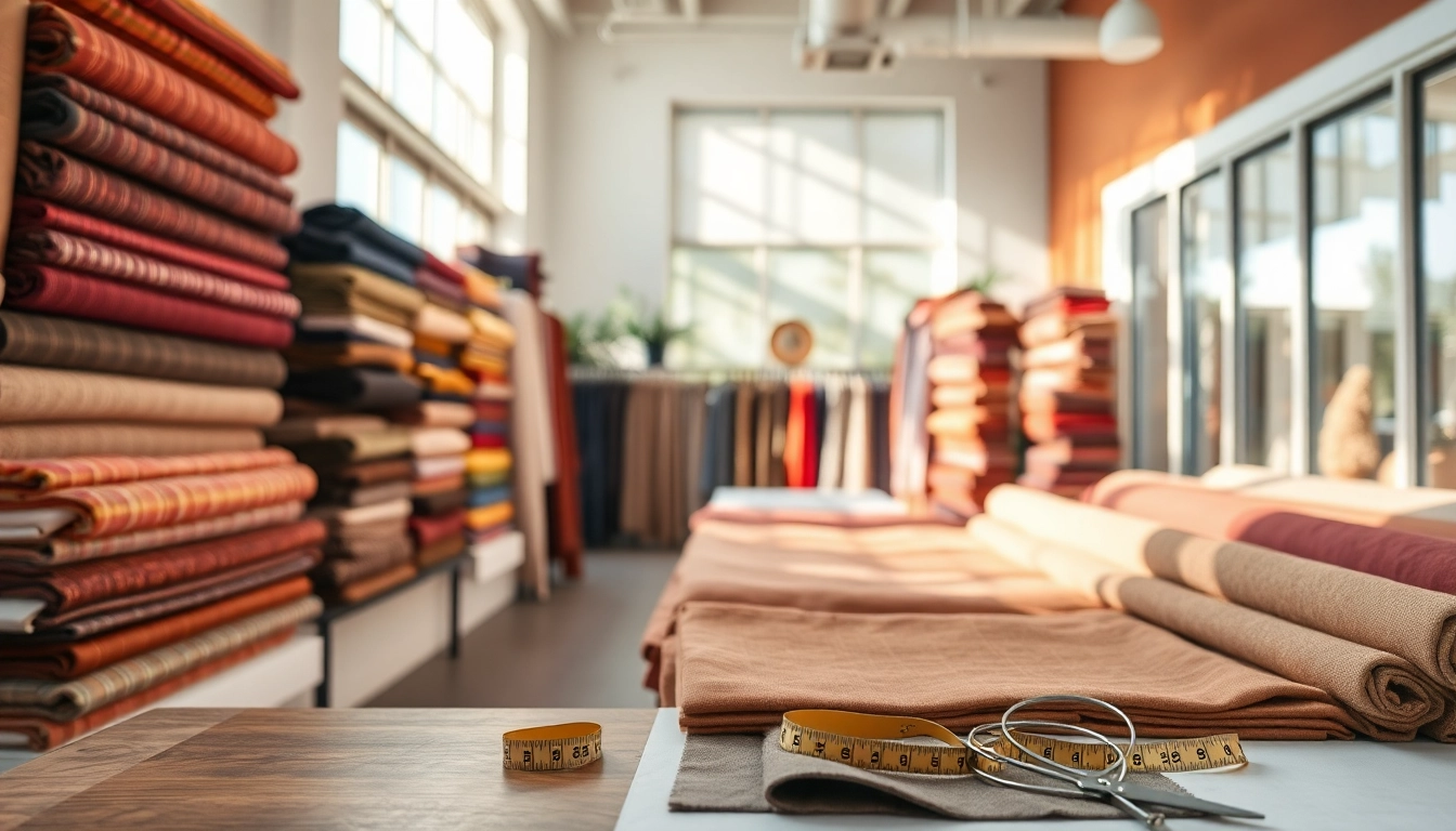 Bekijk stof kopen per meter met een verzameling van kleurrijke stoffen in een moderne winkel.
