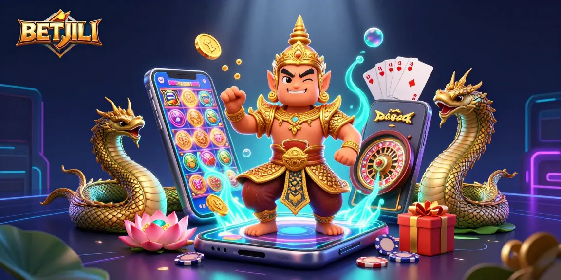 BETJILI casino scene featuring a guardian, Naga companions, and a colorful slot game on mobile, surrounded by lively elements.