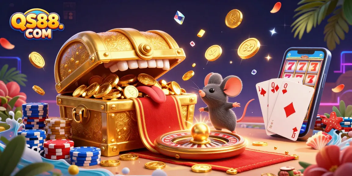 Immerse in QS88. COM’s vibrant gaming world as mice are drawn to a golden treasure chest amidst cascading riches.