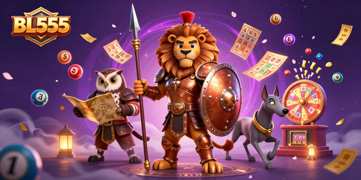Experience the excitement of BL555 with a dynamic 3D casino scene featuring vibrant game elements.
