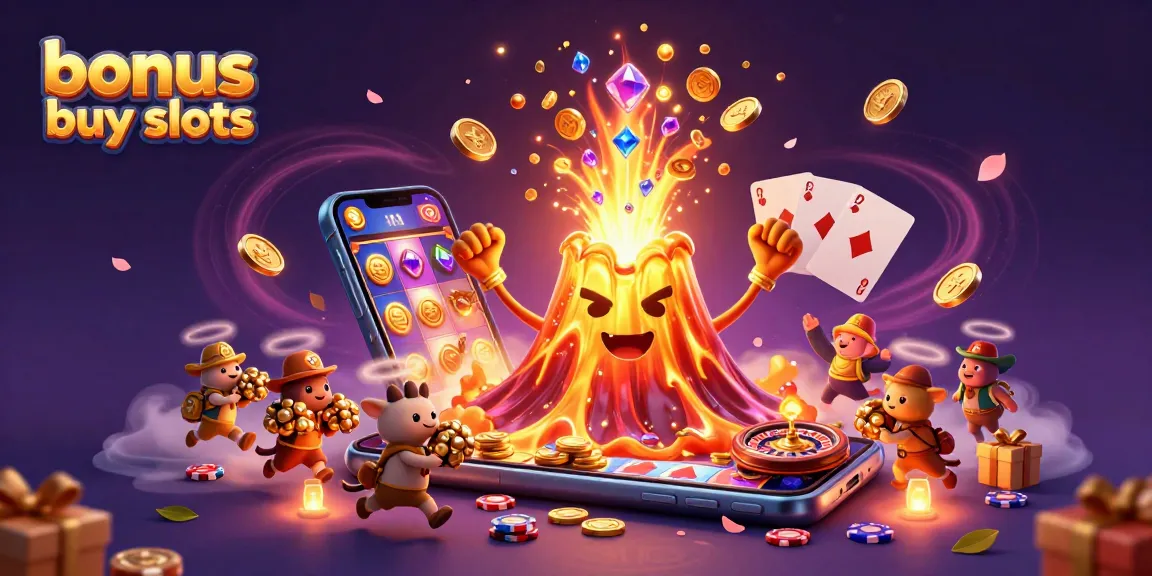 Experience thrilling bonus buy slots with a cartoon volcano erupting treasure and lively gaming action.