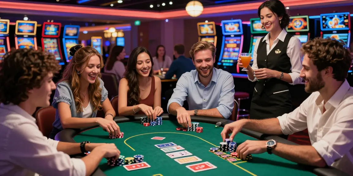 Exciting KO66 casino scene with friends playing poker, vibrant lights, and lively atmosphere.