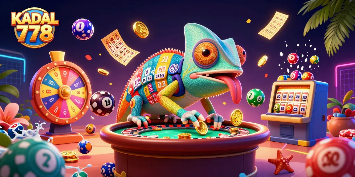 KADAL 778 showcases an exciting casino landscape with a chameleon owner capturing golden coins and vibrant lottery elements.