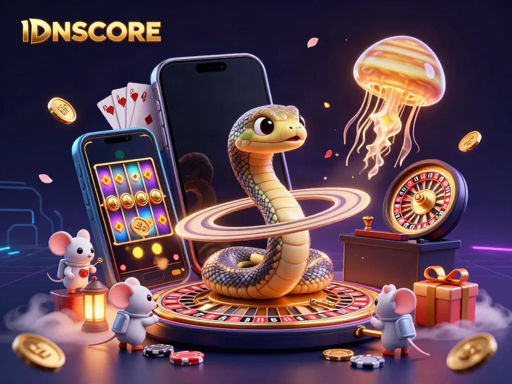 Experience high-stakes gambling fun with IDNSCORE as astronaut mice bet on the roulette-like Saturn rings in a cosmic casino.