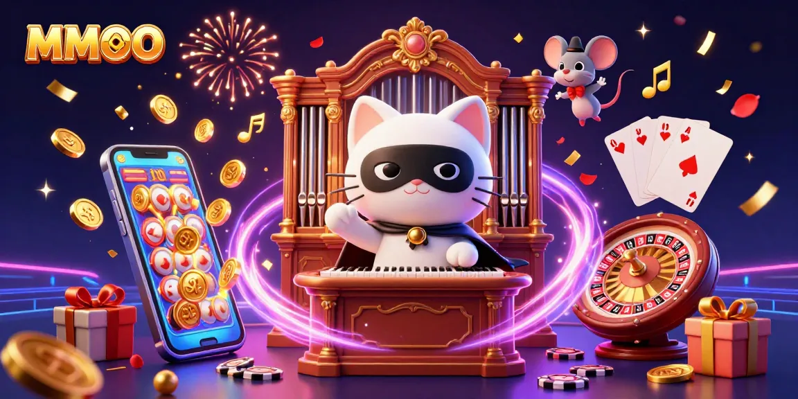 Engage in thrilling MMOO gaming with a vibrant casino scene featuring a whimsical cat, mouse, and dynamic slot elements.