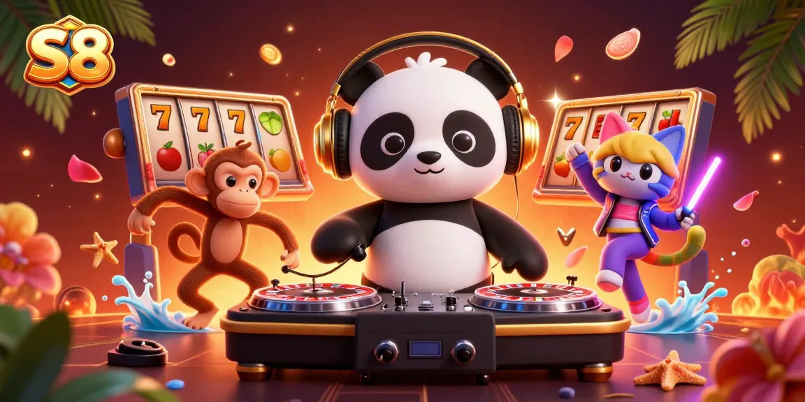 S8 slots illustration featuring a DJ panda, breakdancing monkey, and rave kitten amidst vibrant gaming elements.