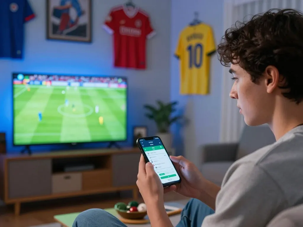 Bongdalu ngoại hạng anh betting action with a focused individual using a smartphone to place a bet while watching live football.