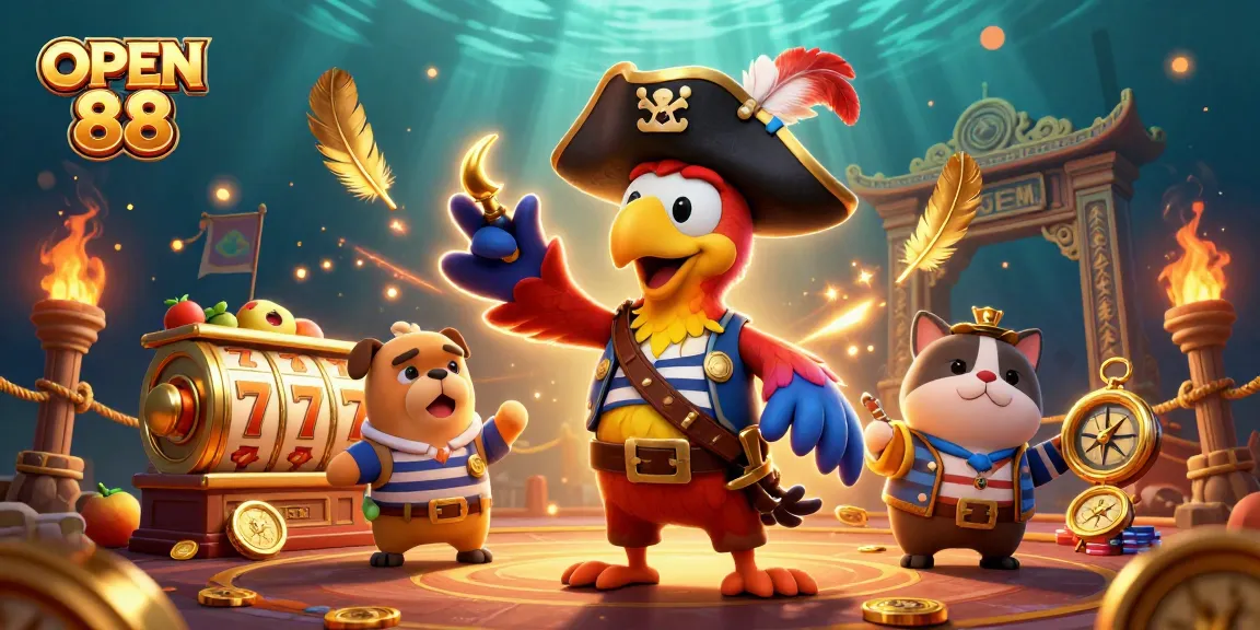 Engaging scene showcasing OPEN 88 casino with a pirate captain, bulldog, and cat amid slot reels and golden coins.