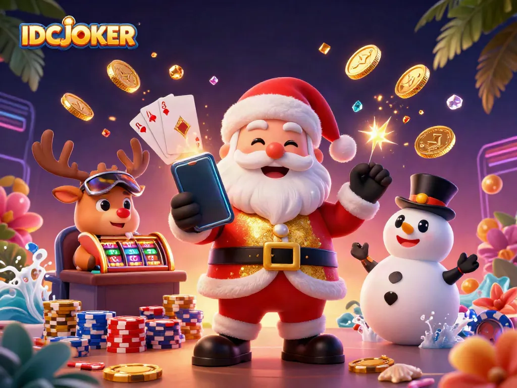 Play jackpot slots with IDCJOKER alongside Santa, a reindeer dealer, and a poker chip snowman.