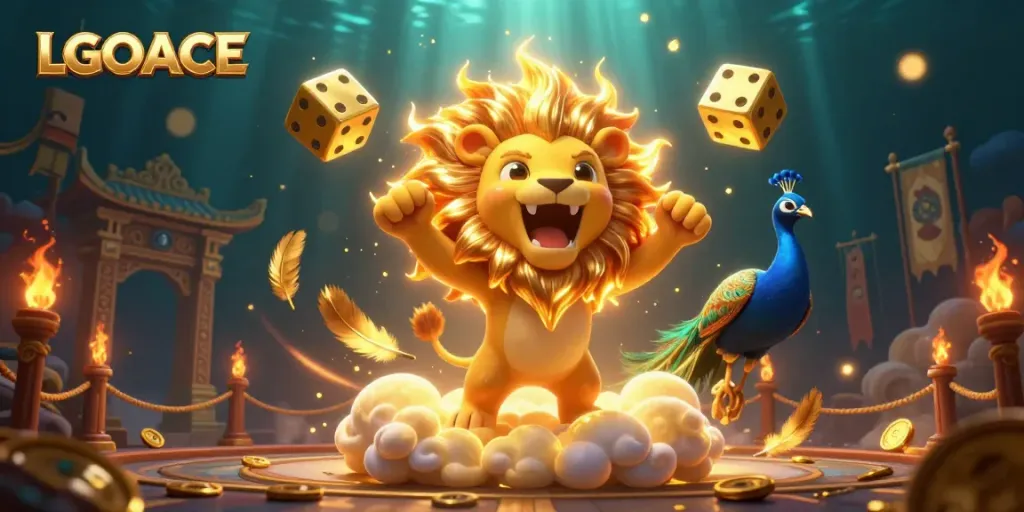 Engage in thrilling games at LGOACE, featuring vibrant graphics of a roaring sun lion and adventurous dice in a captivating casino scene.