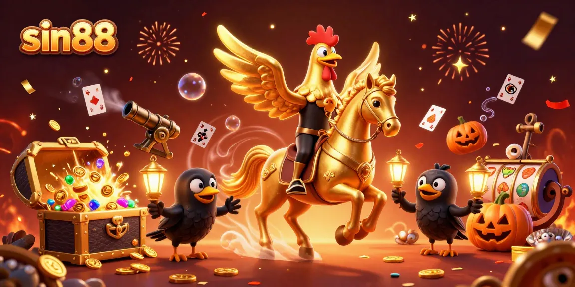 Win big at sin88 with a magical 3D casino display featuring a golden rooster and festive elements.