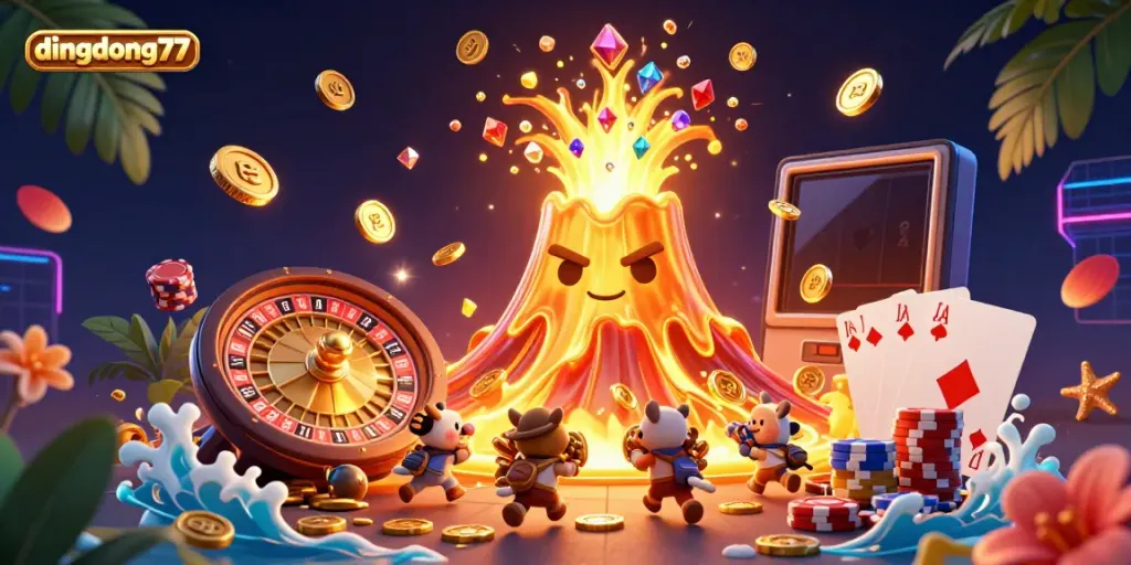 Engage with exciting slot games on dingdong77 with a vibrant treasure hunt illustration.