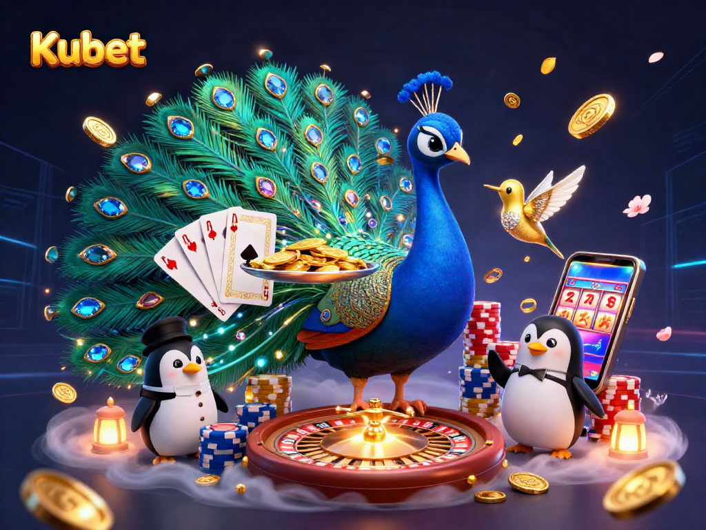 Kubet peacock displays casino charm while a butler penguin serves golden chips amidst exciting gameplay elements.