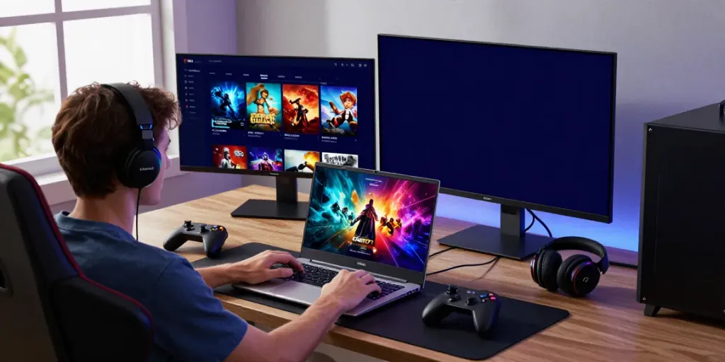 Pengguna menikmati platform EMON777 dengan laptop di ruang bermain yang modern.