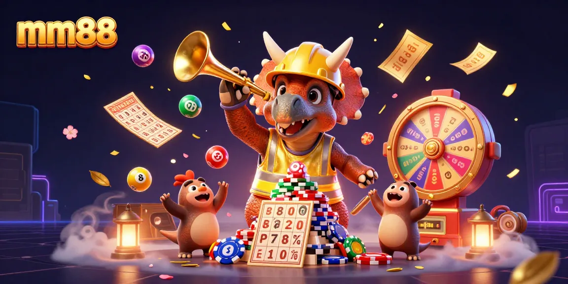 Experience the thrill of winning with mm88 in a vibrant casino scene featuring a triceratops and lottery elements.