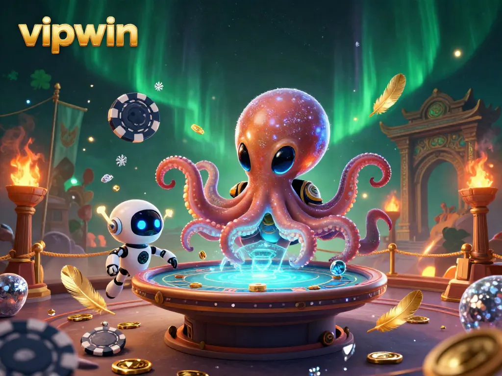 Engage with vipwin through an exciting poker game scene featuring a playful alien octopus and its robot buddy.