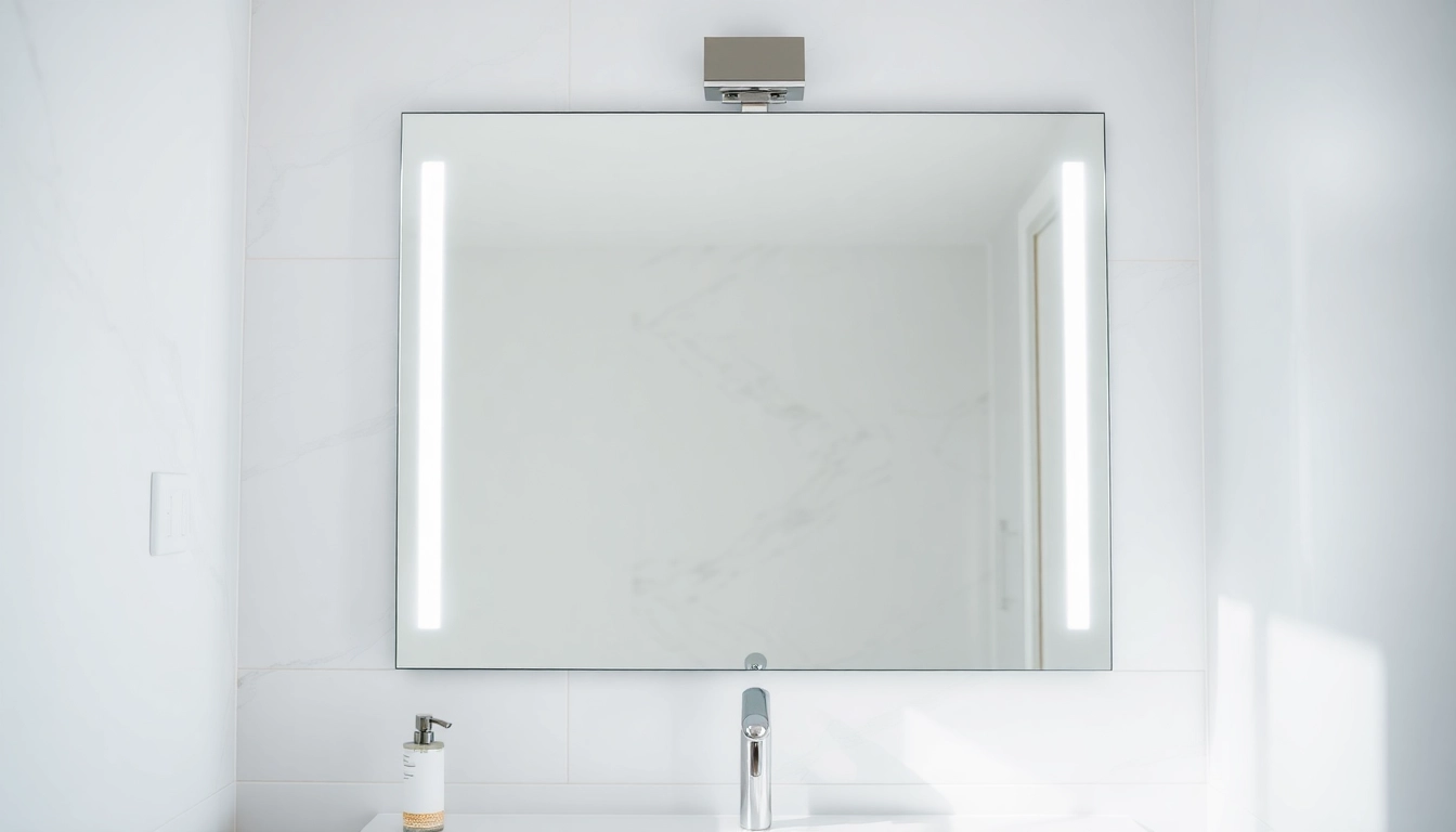 Illuminated mirror with lights enhances a modern bathroom's ambiance and style.