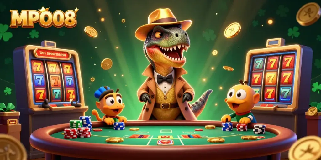MPO08 showcases a velociraptor card counter amid a lively casino scene with slot machines and coins