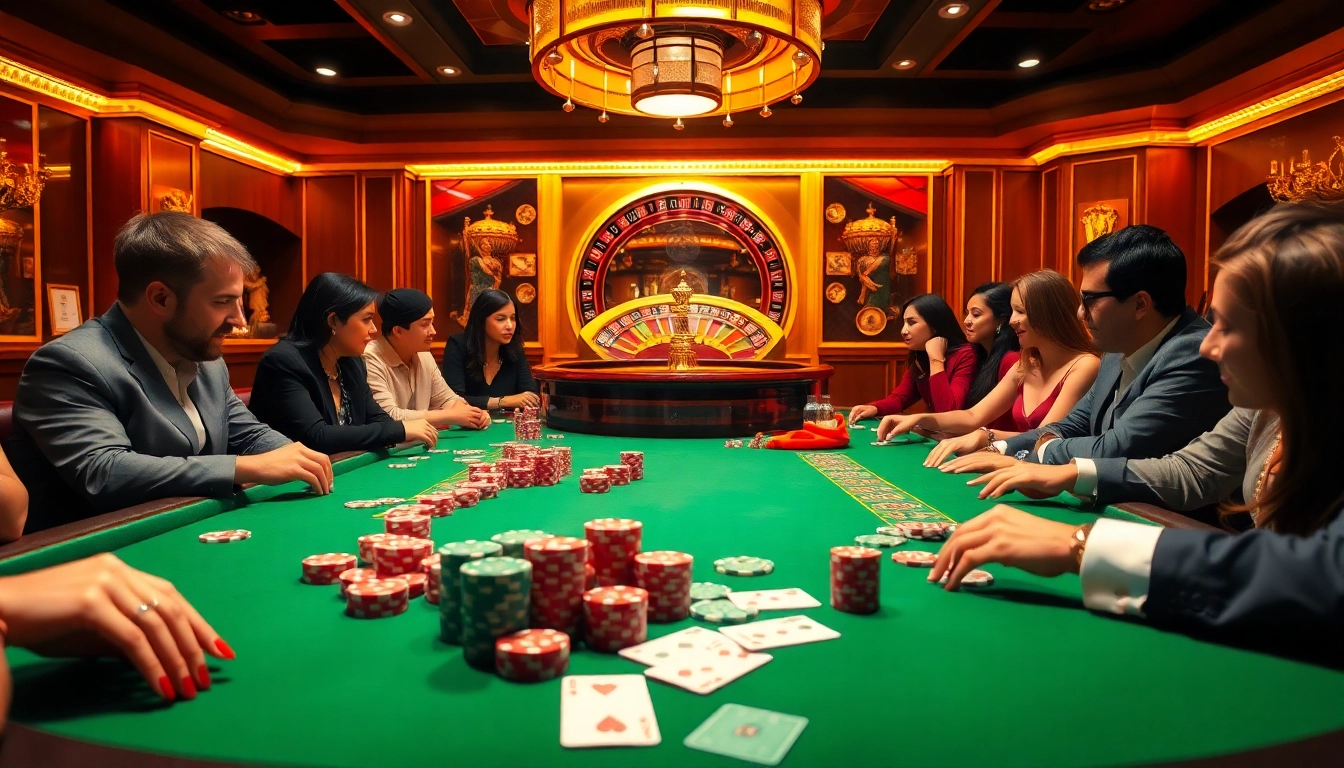 A lively poker scene at ALO789 casino, showcasing vibrant chips, cards, and a roulette wheel.