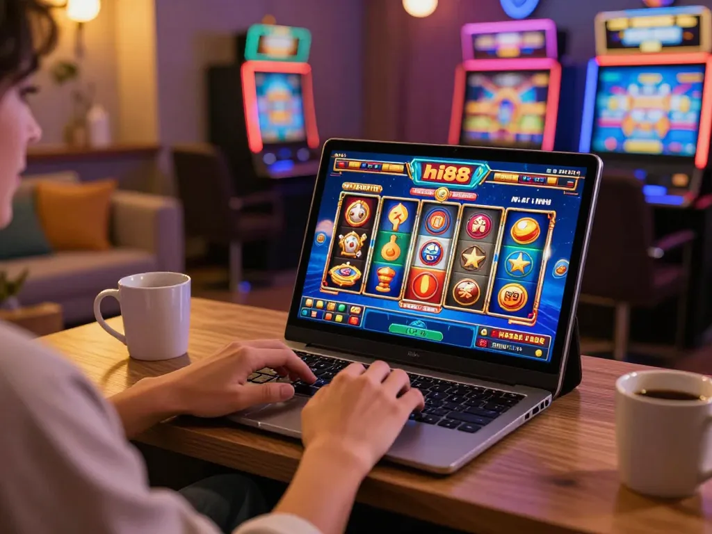 Engaging player experiencing hi88 nổ hũ on tablet in cozy home setup.